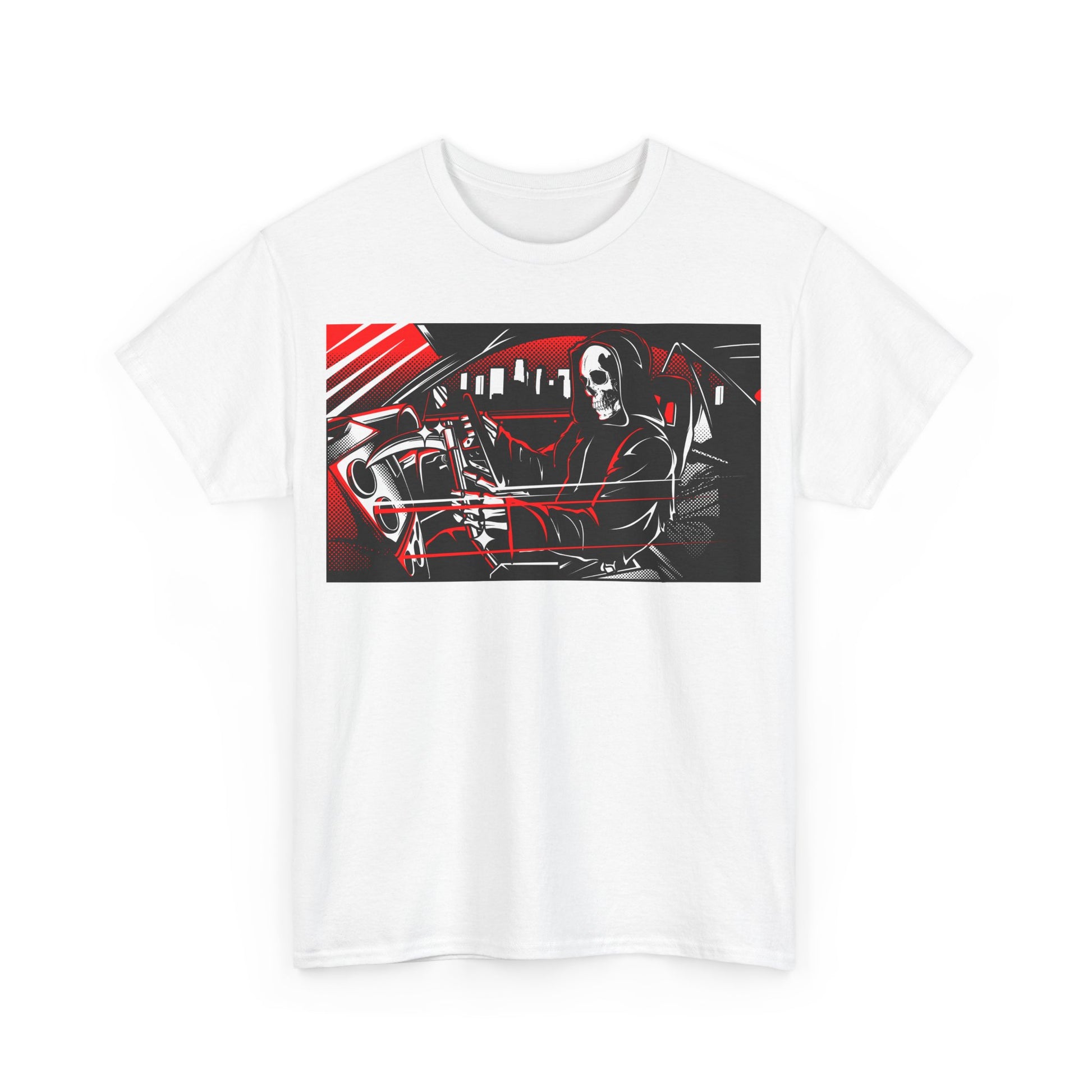 Men's white t-shirt featuring a striking dark hooded scythe graphic design, showcasing a mysterious figure behind the wheel of a sleek car, perfect for modern fashion enthusiasts.