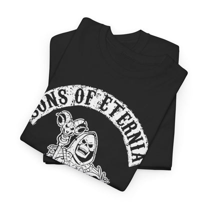 Skeletor Sons of Anarchy Mashup Unisex Men´s Women´s Graphic T Shirt Tee elegantly folded to illustrate the quality fabric and unique design elements, suitable for fans of edgy fashion.