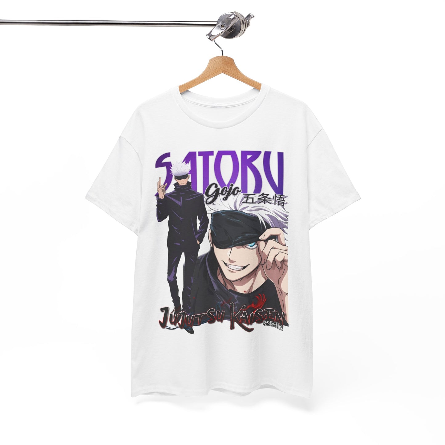 Stunning Gojo Satoru Jujutsu Kaisen T-shirt elegantly displayed on a hanger, featuring captivating design and premium quality fabric.