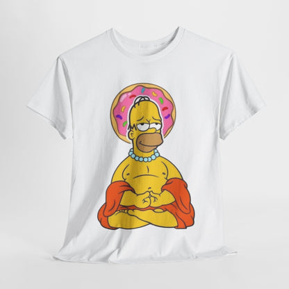 Buddha Homer Simpson Funny Graphic Unisex T Shirt TEE, featuring the iconic Homer Simpson in a meditative pose with a donut halo, representing a unique blend of humour and enlightenment.