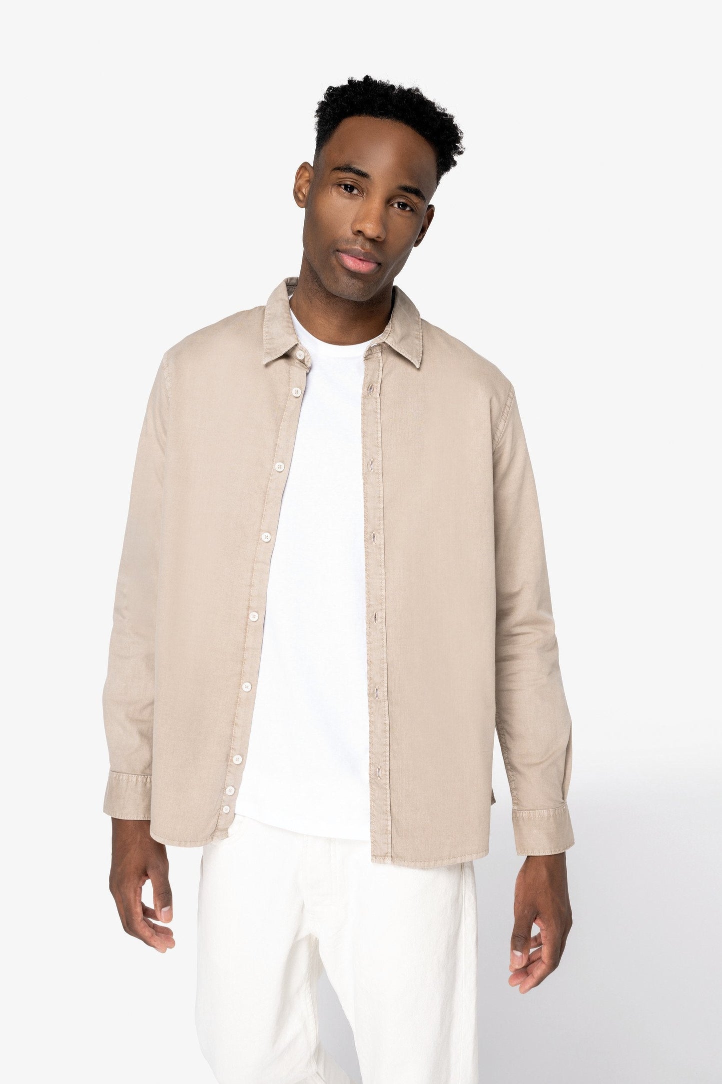 Full view of the elegant organic cotton long sleeve shirt, emphasizing its luxury, sustainability, and timeless styling.