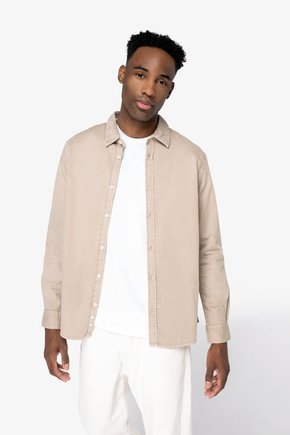 Full view of the elegant organic cotton long sleeve shirt, emphasizing its luxury, sustainability, and timeless styling.