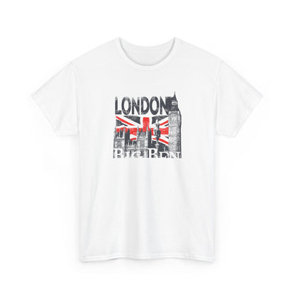 Close-up of a white men's T-shirt adorned with a vintage graphic featuring London’s Big Ben and Union Jack, ideal for style-conscious individuals.