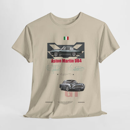 Aston Martin DB4 t-shirt displayed elegantly in beige, featuring iconic car illustrations and luxurious detailing.