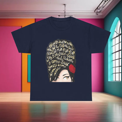 Sophisticated Amy Rehab Lyrics Graphic Tee featuring a striking graphic of a woman with symbolic lyrics, presented in a trendy environment, crafted from luxurious cotton for both style and comfort.