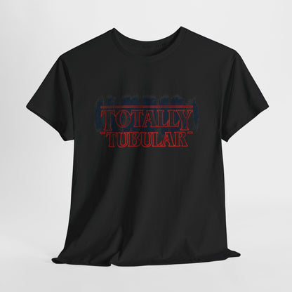 Stranger Things 'Totally Tubular' unisex graphic T-shirt in black, highlighting the striking red lettering and nostalgic design, ideal for stylish fans of the beloved show.