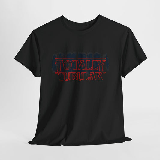 Stranger Things 'Totally Tubular' unisex graphic T-shirt in black, highlighting the striking red lettering and nostalgic design, ideal for stylish fans of the beloved show.