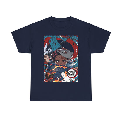 Chic navy Demon Slayer t-shirt displaying a captivating illustration of Tanjiro Kamado enveloped in fiery energy, designed for the sophisticated anime aficionado.