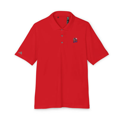 Adidas Unisex Performance Polo Shirt in striking red, designed with 100% recycled polyester, offering UPF 50+ protection and a timeless look.