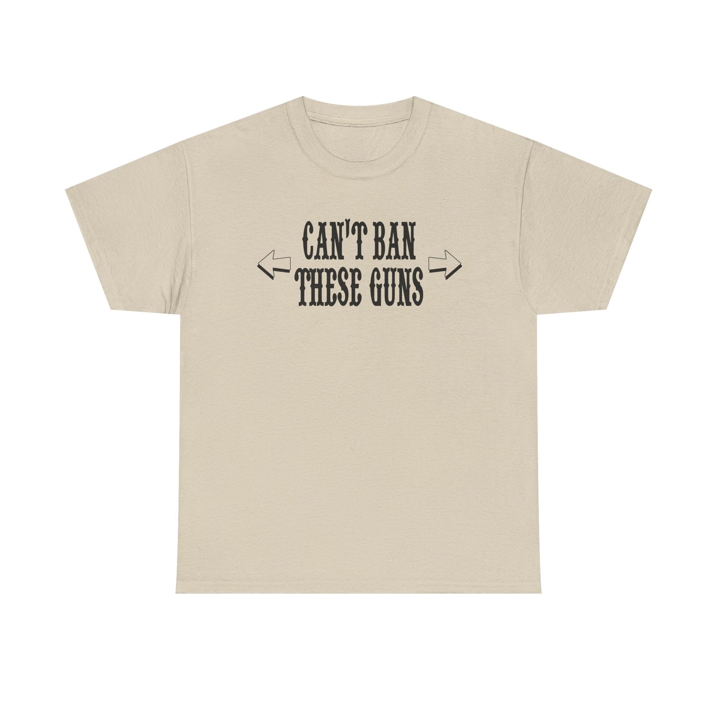 Chic beige motivational men's t-shirt displaying the powerful phrase 'Can't Ban These Guns', designed for gym lovers who seek to inspire.