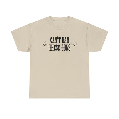 Chic beige motivational men's t-shirt displaying the powerful phrase 'Can't Ban These Guns', designed for gym lovers who seek to inspire.