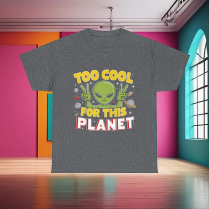 Trendy Unisex Alien Graphic T-Shirt in grey showcasing a whimsical alien graphic with the phrase 'Too Cool for This Planet', perfect for contemporary streetwear style.
