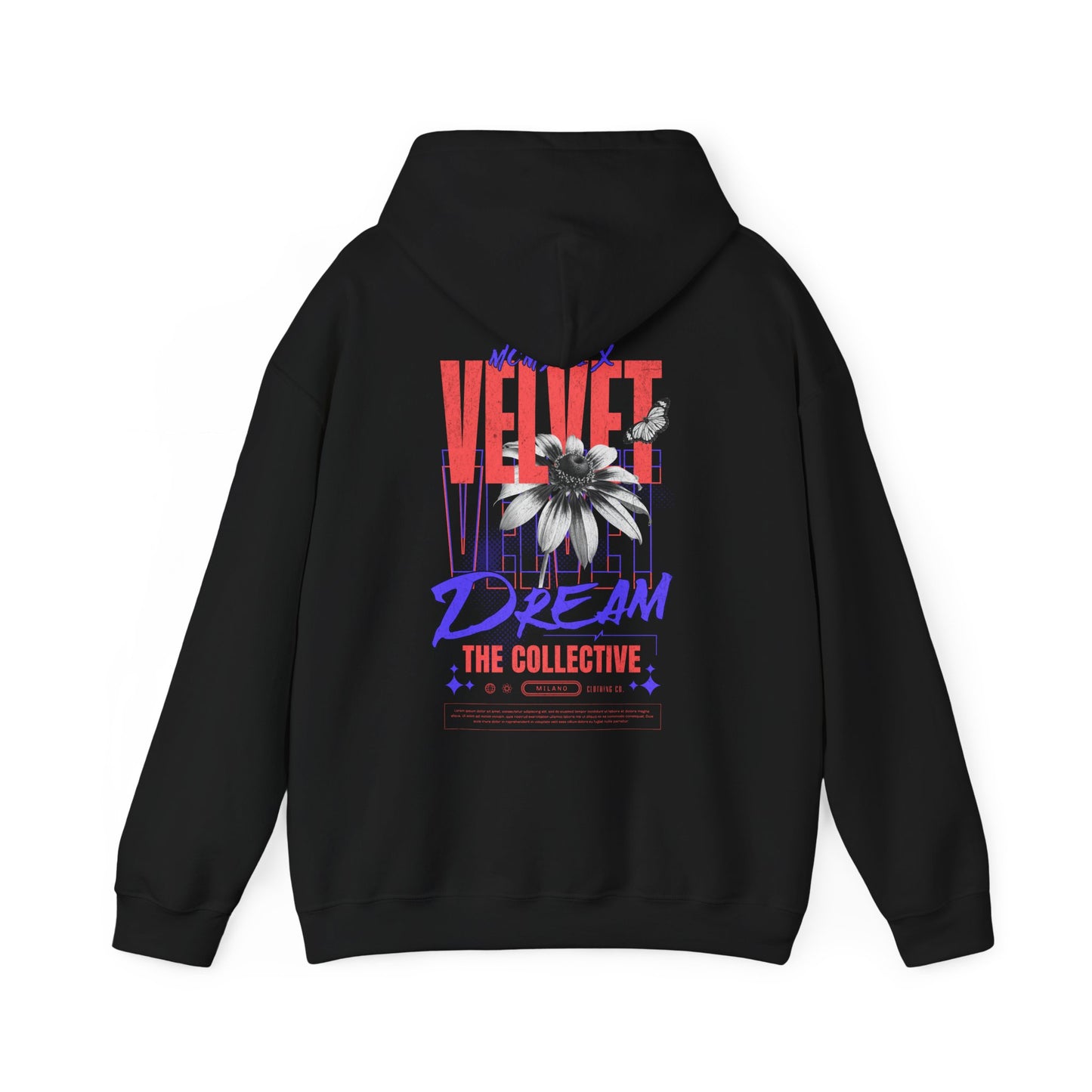 Elegant black hoodie adorned with a vibrant back print design that combines bold letters and floral motifs, highlighting the 'VELVET DREAM THE COLLECTIVE' artistry, ideal for fashion-forward individuals.