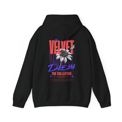 Elegant black hoodie adorned with a vibrant back print design that combines bold letters and floral motifs, highlighting the 'VELVET DREAM THE COLLECTIVE' artistry, ideal for fashion-forward individuals.