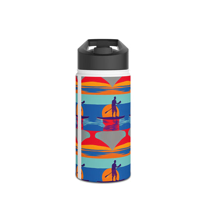 Luxury Fantasy Paddleboarding Stainless Steel Water Bottle featuring vibrant paddleboarding silhouettes against a stunning sunset backdrop, showcasing its stylish design and premium quality.