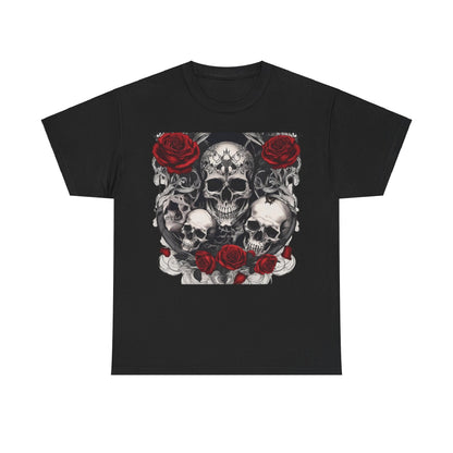 Skulls and Roses Cotton Tee in black, displaying a captivating graphic design of skulls surrounded by red roses. Perfect for those seeking an elegant yet edgy wardrobe staple.
