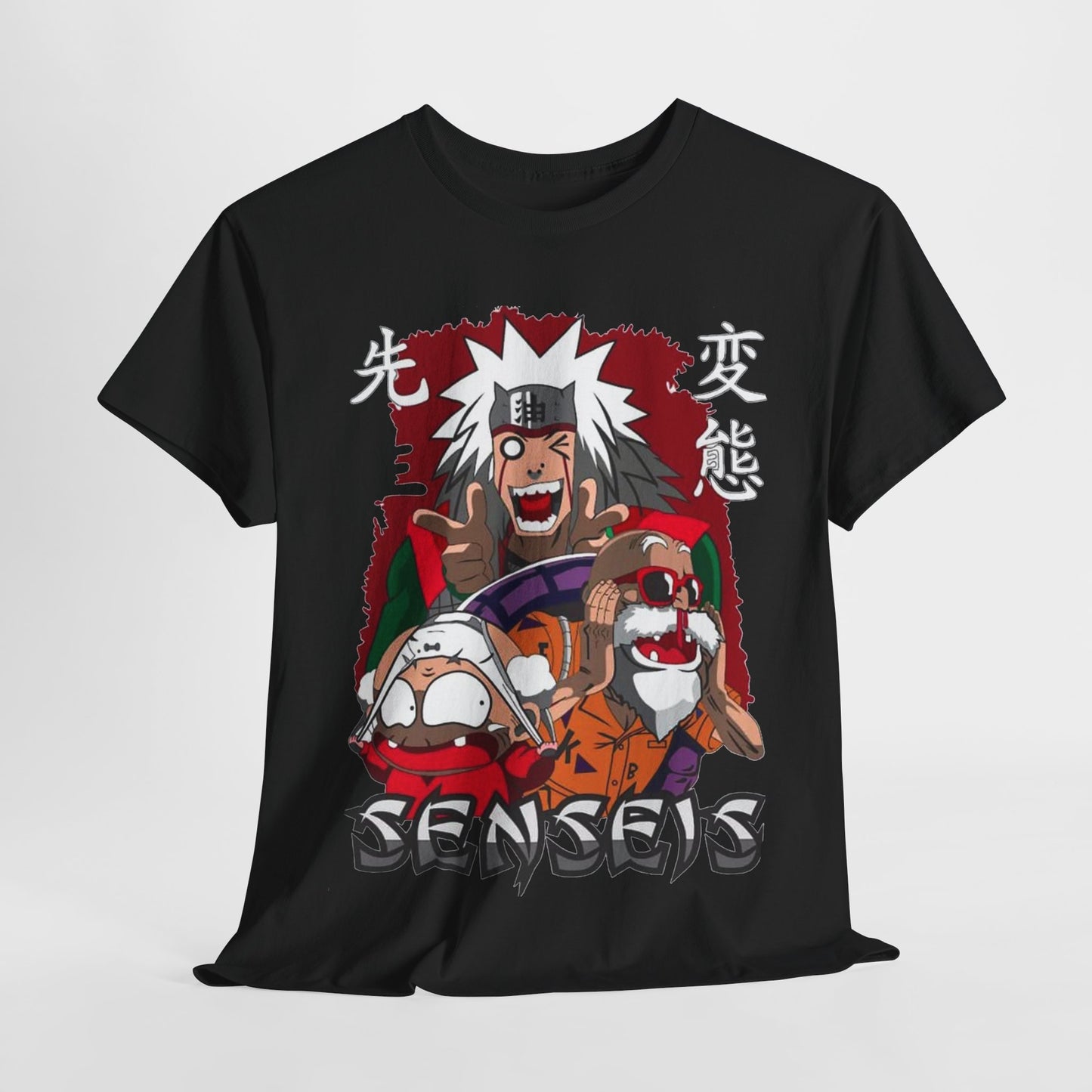 Luxurious black anime graphic t-shirt featuring bold, vibrant characters, including a playful character with spiky white hair and traditional attire, perfect for streetwear enthusiasts.