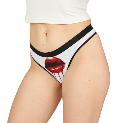 Cheeky women's thong featuring a bold graphic of glossy red lips with dripping detail, designed for playful romantic occasions such as Valentine's Day or anniversaries. Perfectly crafted to combine allure and humour, making a statement in intimate apparel.