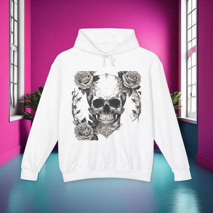 Unisex Lightweight Hooded Sweatshirt in pristine white, elegantly displaying a unique designer skull and roses design, ideal for those seeking a chic and rebellious touch.
