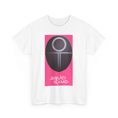 Elegant Squid Game Unisex Graphic Cotton T-Shirt showcasing a captivating mask design against a bold pink backdrop, ideal for those who appreciate unique fashion statements.