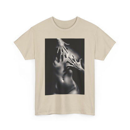 Elegantly styled graphic tee showcasing an alluring black and white print of hands on a concealed nude figure, perfect for making a bold fashion statement.