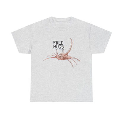 Chic Alien Xenomorph Facehugger Free Hugs Graphic Unisex Tee Shirt in light grey, displaying an amusing facehugger art with 'Free Hugs' emblazoned.