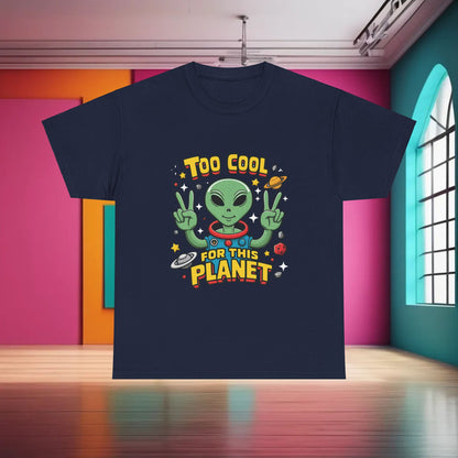 Urban Cotton Alien Graphic T-Shirt for Unisex in navy blue, featuring a vibrant alien graphic with the text 'Too Cool for This Planet', ideal for those who appreciate exclusive streetwear fashion.