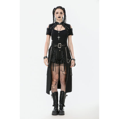 Dramatic close-up of the Dark in Love Chain Belt Layered Goth Skirt showcasing dual silver buckles and high-quality polyester fabric.