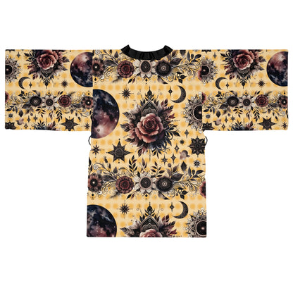 Back view of the Floral Kimono Robe, highlighting the lavish floral and cosmic print, perfect for sophisticated leisure.