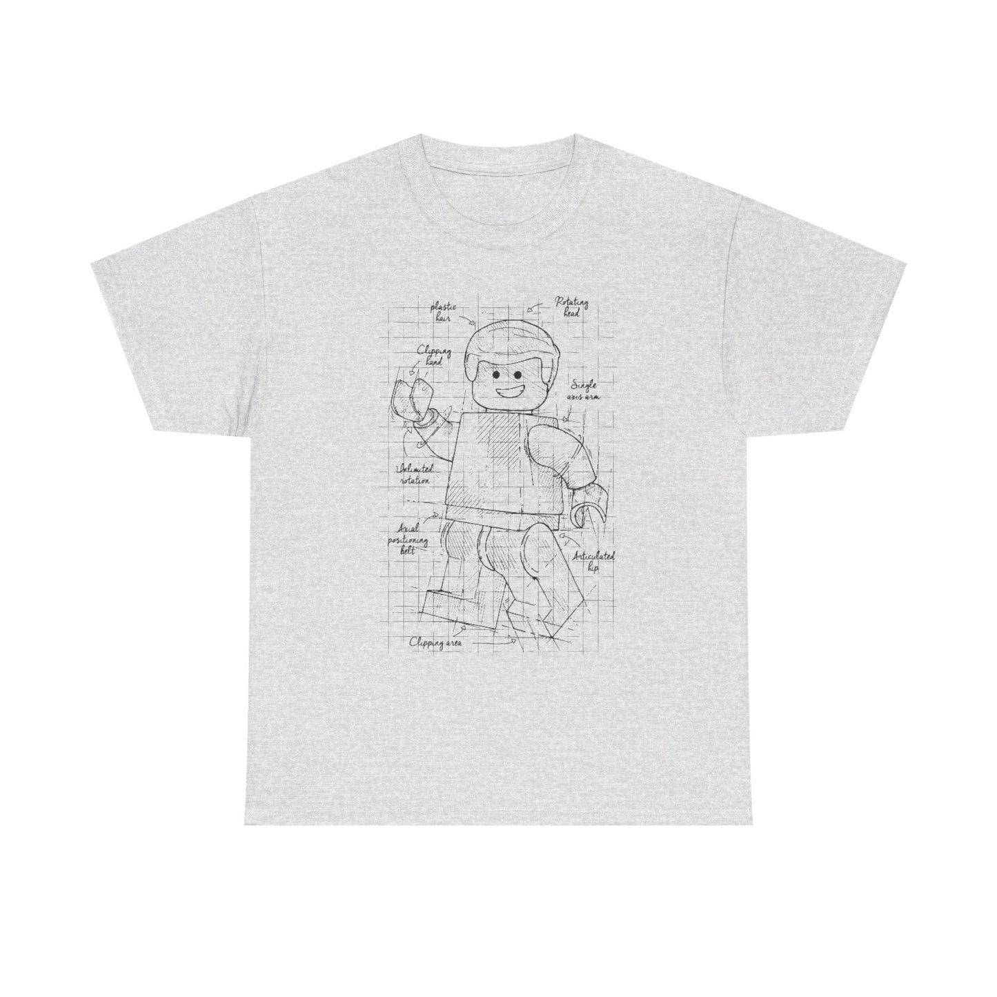 Elegant grey men's t-shirt with a creative blueprint sketch of a Lego figure, highlighting articulation points, crafted for the style-conscious enthusiast.