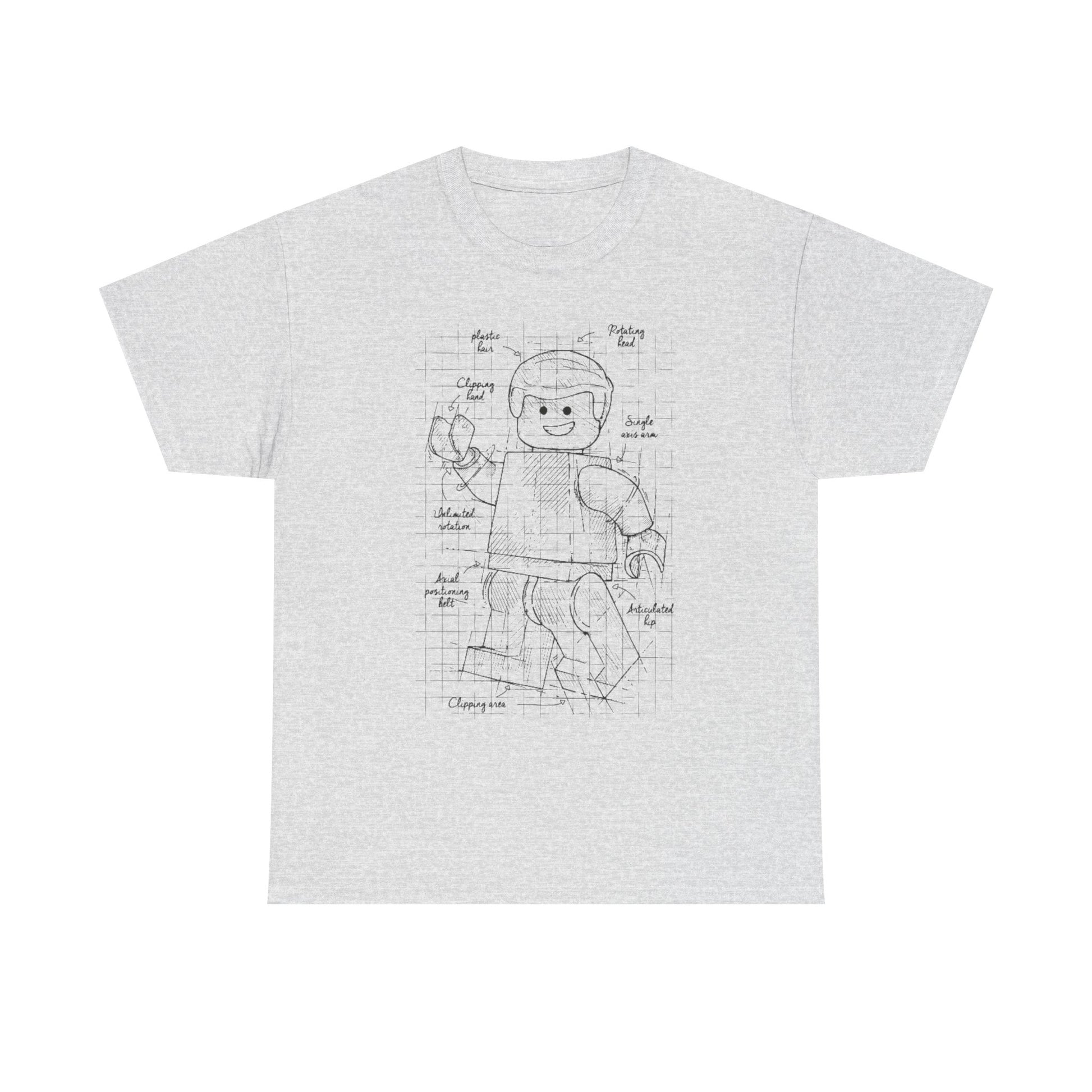 Elegant grey men's t-shirt with a creative blueprint sketch of a Lego figure, highlighting articulation points, crafted for the style-conscious enthusiast.
