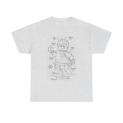 Elegant grey men's t-shirt with a creative blueprint sketch of a Lego figure, highlighting articulation points, crafted for the style-conscious enthusiast.