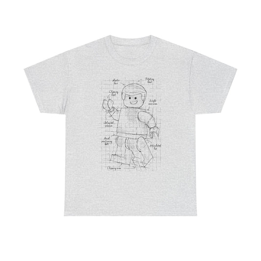 Elegant grey men's t-shirt with a creative blueprint sketch of a Lego figure, highlighting articulation points, crafted for the style-conscious enthusiast.