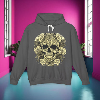 Skull and Roses Lightweight Hoodie in a chic dark grey shade, showcasing an intricate skull and roses illustration. An elegant unisex sweater that adds sophistication to casual outfits.