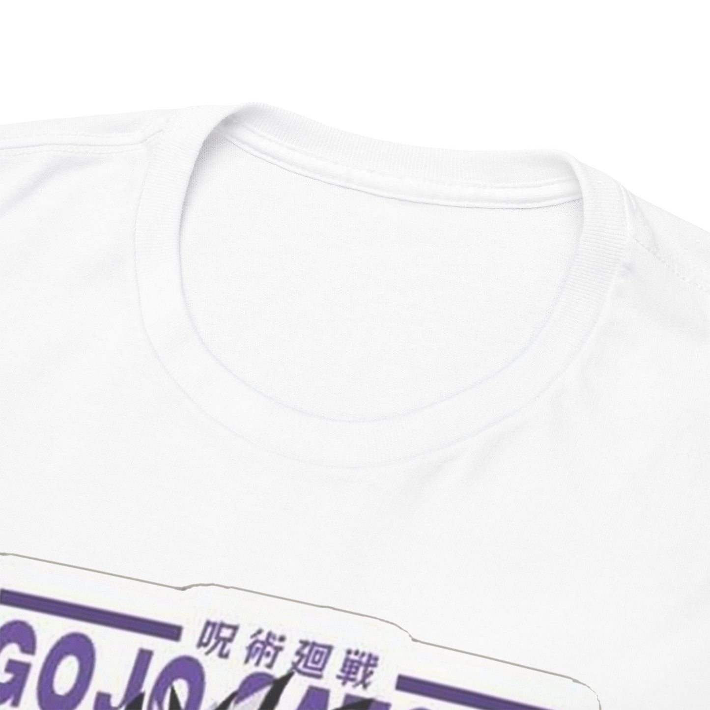 Close-up of Gojo Satoru T-shirt collar, emphasizing high-quality craftsmanship and premium material, tailored for ultimate comfort and style.