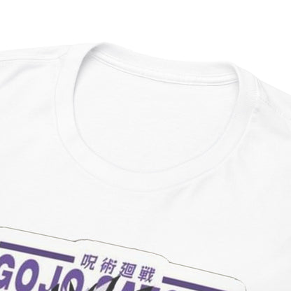 Close-up of Gojo Satoru T-shirt collar, emphasizing high-quality craftsmanship and premium material, tailored for ultimate comfort and style.