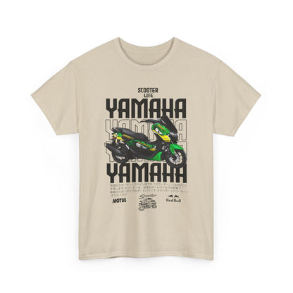 Stylish beige men's t-shirt showcasing a vivid Yamaha scooter graphic, reflecting a passion for adventure with striking ‘Scooter Life’ typography and cultural elements.