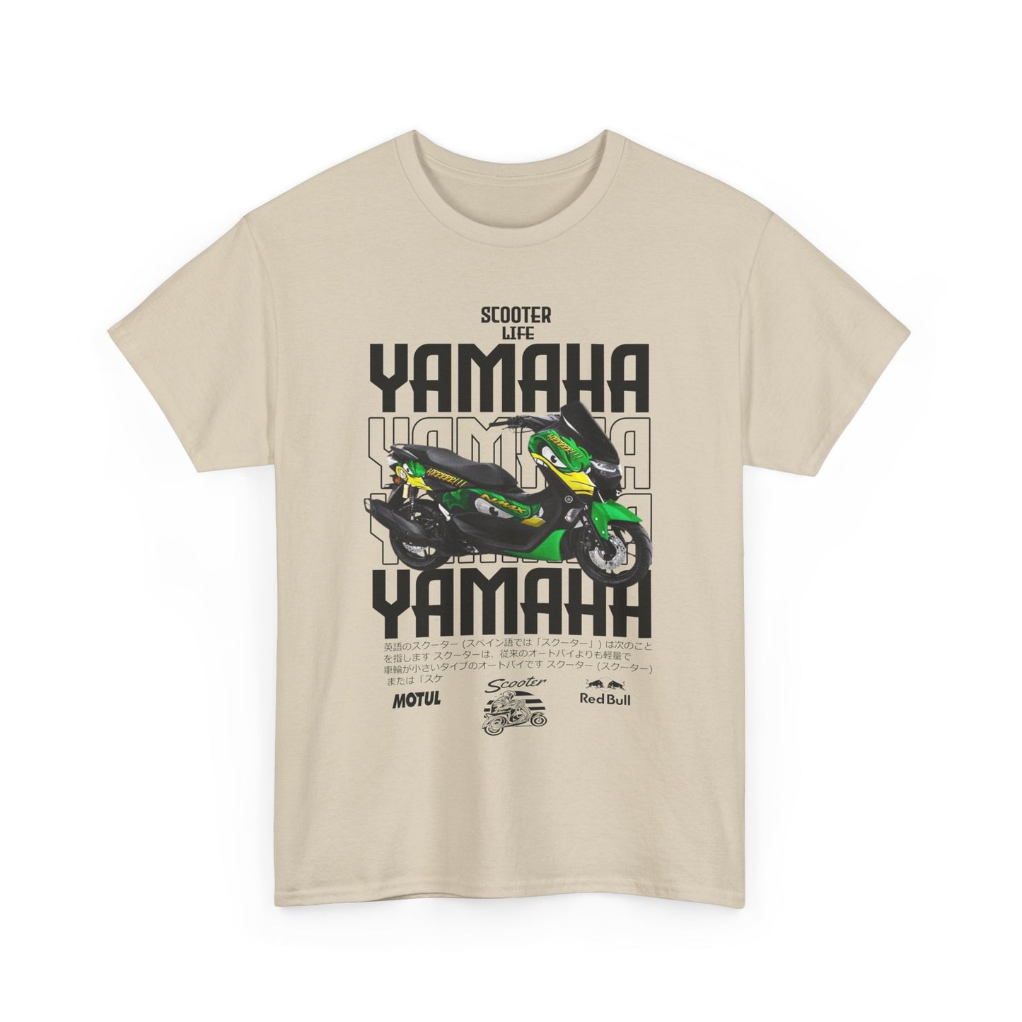Stylish beige t-shirt featuring a striking green Yamaha scooter graphic along with dynamic 'Scooter Life' motif, exuding an adventurous spirit.