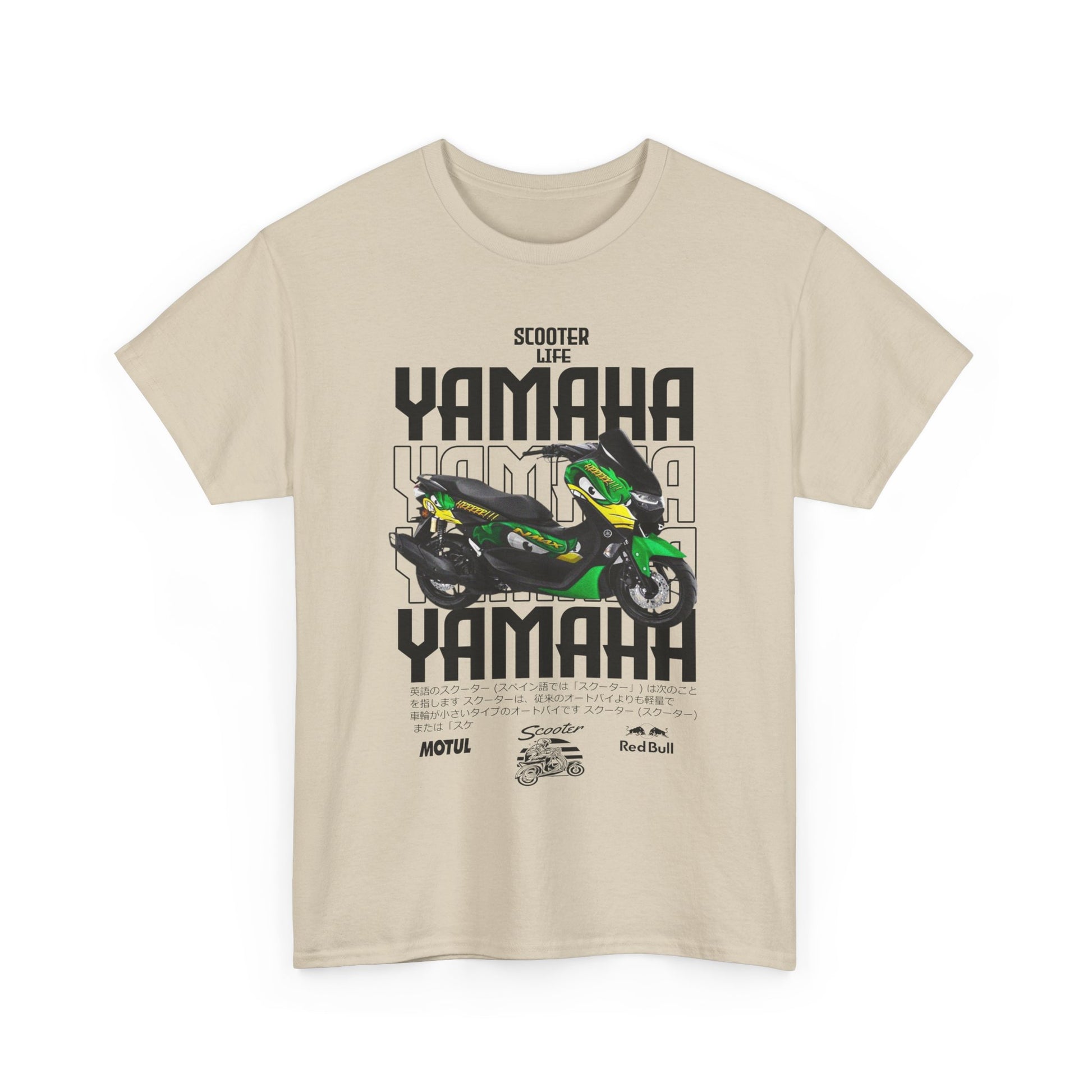 Stylish beige t-shirt featuring a striking green Yamaha scooter graphic along with dynamic 'Scooter Life' motif, exuding an adventurous spirit.