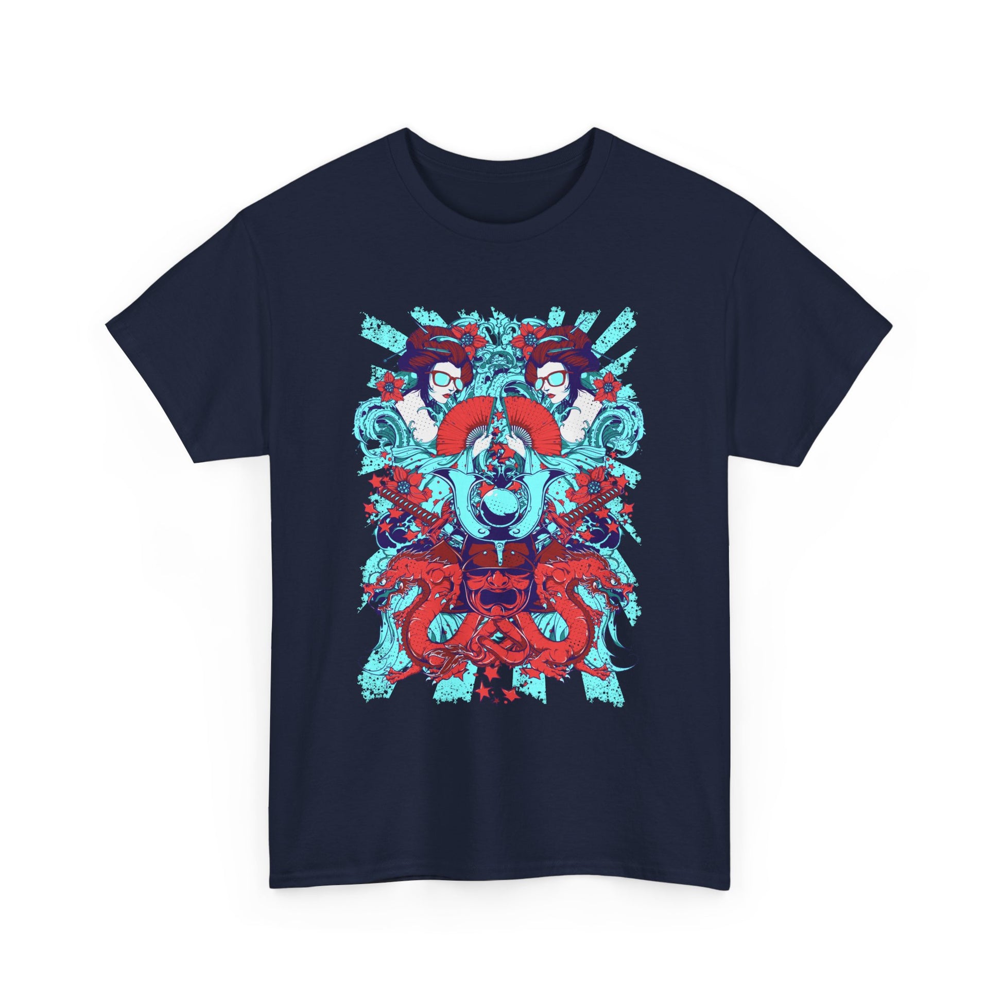 Stylish navy blue t-shirt adorned with an intricate graphic showcasing a samurai helmet, geishas, and dragons, embodying traditional Japanese art with a modern twist.
