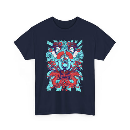 Stylish navy blue t-shirt adorned with an intricate graphic showcasing a samurai helmet, geishas, and dragons, embodying traditional Japanese art with a modern twist.
