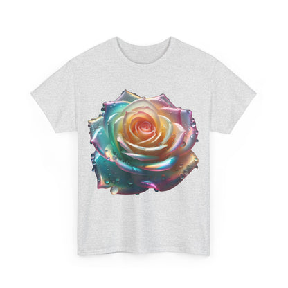 Ethereal Rose Unisex Cotton Tee in grey, showcasing a magnificent artistic floral design with iridescent accents, ideal for making a statement.