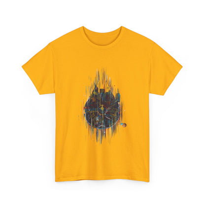 Elevate your wardrobe with the luxurious Millenium Falcon Abstract Art Graphic T-Shirt in vibrant yellow, showcasing an artistic design of the iconic spaceship.