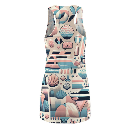 Close-up of the Avalon Harper Marbella Racerback Dress showcasing its beautiful pastel pattern and chic beach elements like umbrellas and yachts.