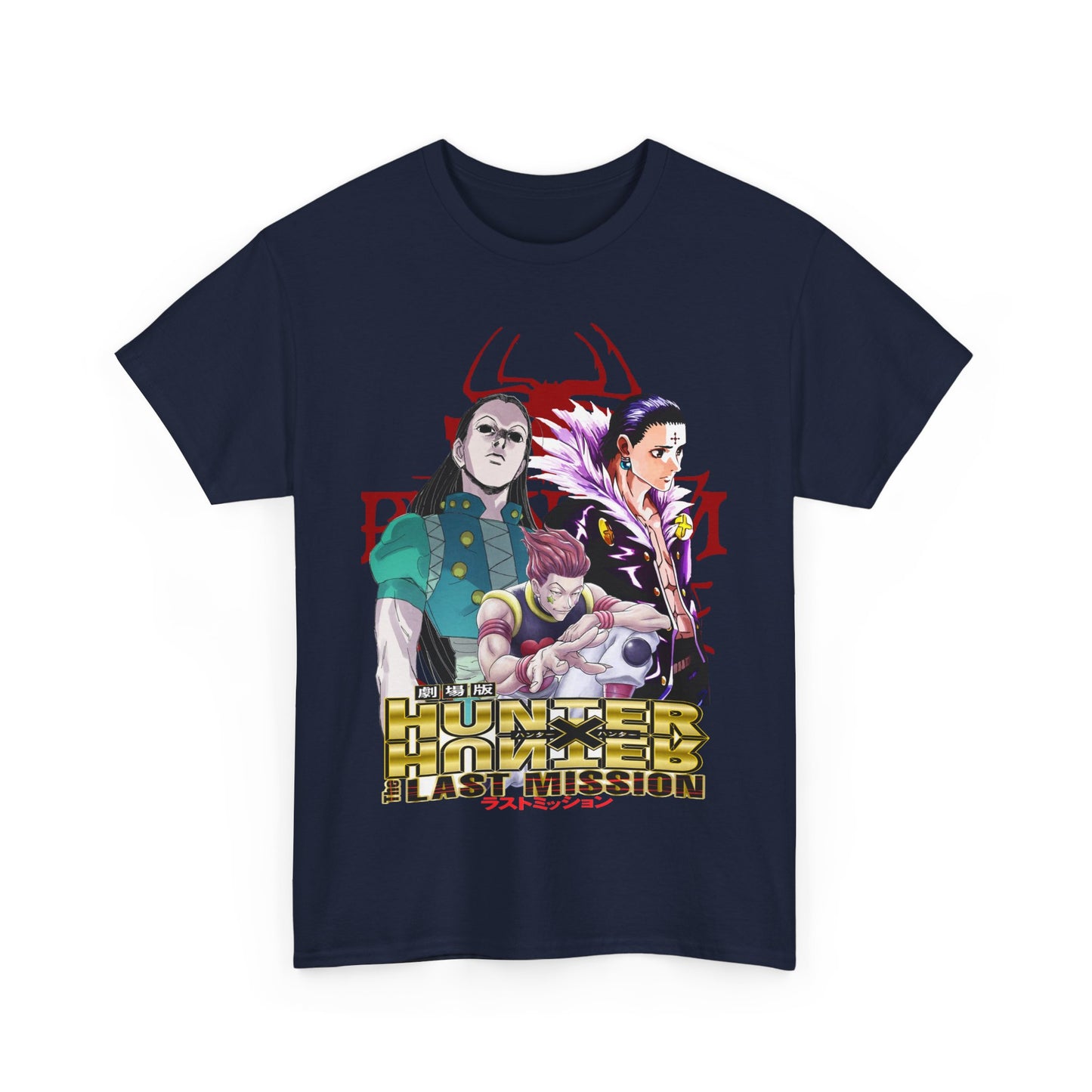 Chic navy Hunter x Hunter T-Shirt embellished with striking character art of Gon, Killua, and Hisoka, tailored for the discerning anime fan.