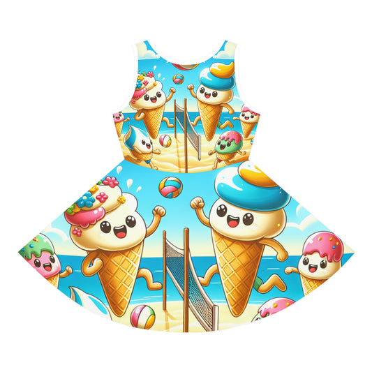 Lorelei Blossom Girls Sundress featuring a vibrant cartoon ice cream design, capturing joyful beach volleyball scenes for summer fun.