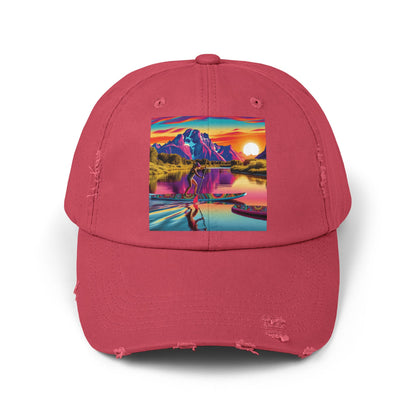 Unisex Distressed Paddleboarders Cap in a luxurious pink shade, adorned with a colourful paddleboarding scene, designed for those who embrace outdoor adventures.