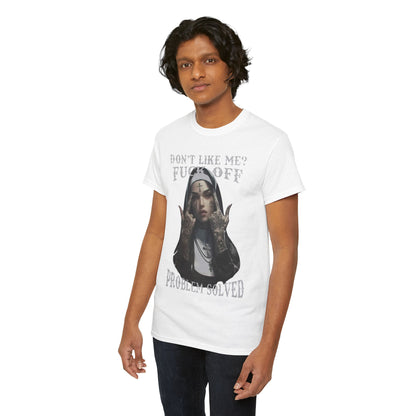 Premium quality men's white t-shirt displaying an eye-catching tattooed nun design with the provocative text 'Don't Like Me? F**k Off. Problem Solved', ideal for a unique fashion statement.