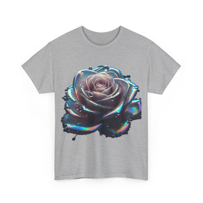 Ethereal Rose Unisex T-Shirt featuring an iridescent floral design on a soft grey background, showcasing a close-up of a stylized rose adorned with delicate water droplets and vibrant hues.