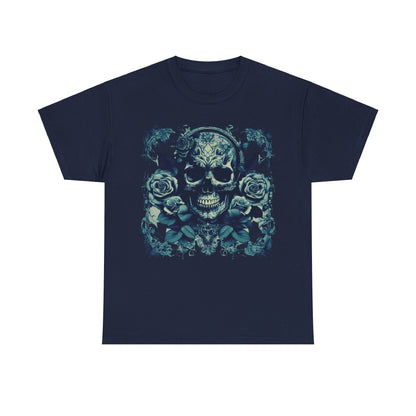 Front view of the Skulls and Roses Cotton Tee in navy blue, featuring an elaborate skull and rose graphic, ideal for making a bold fashion statement.